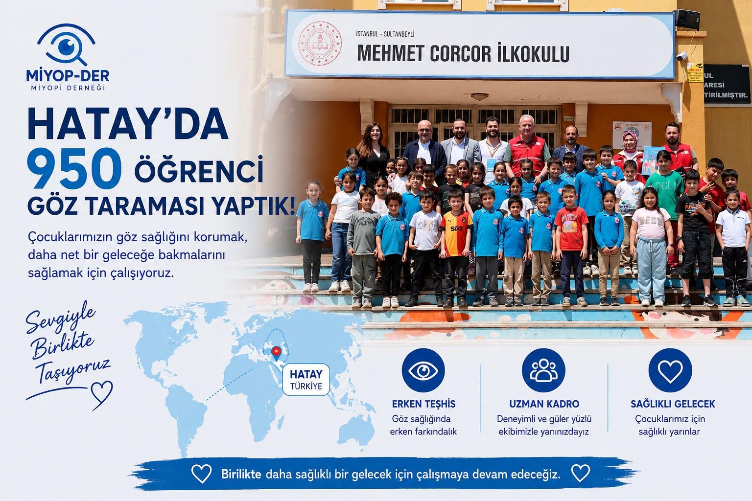 Göz taraması yapılan bir ilkokulda öğrenciler ve ekip