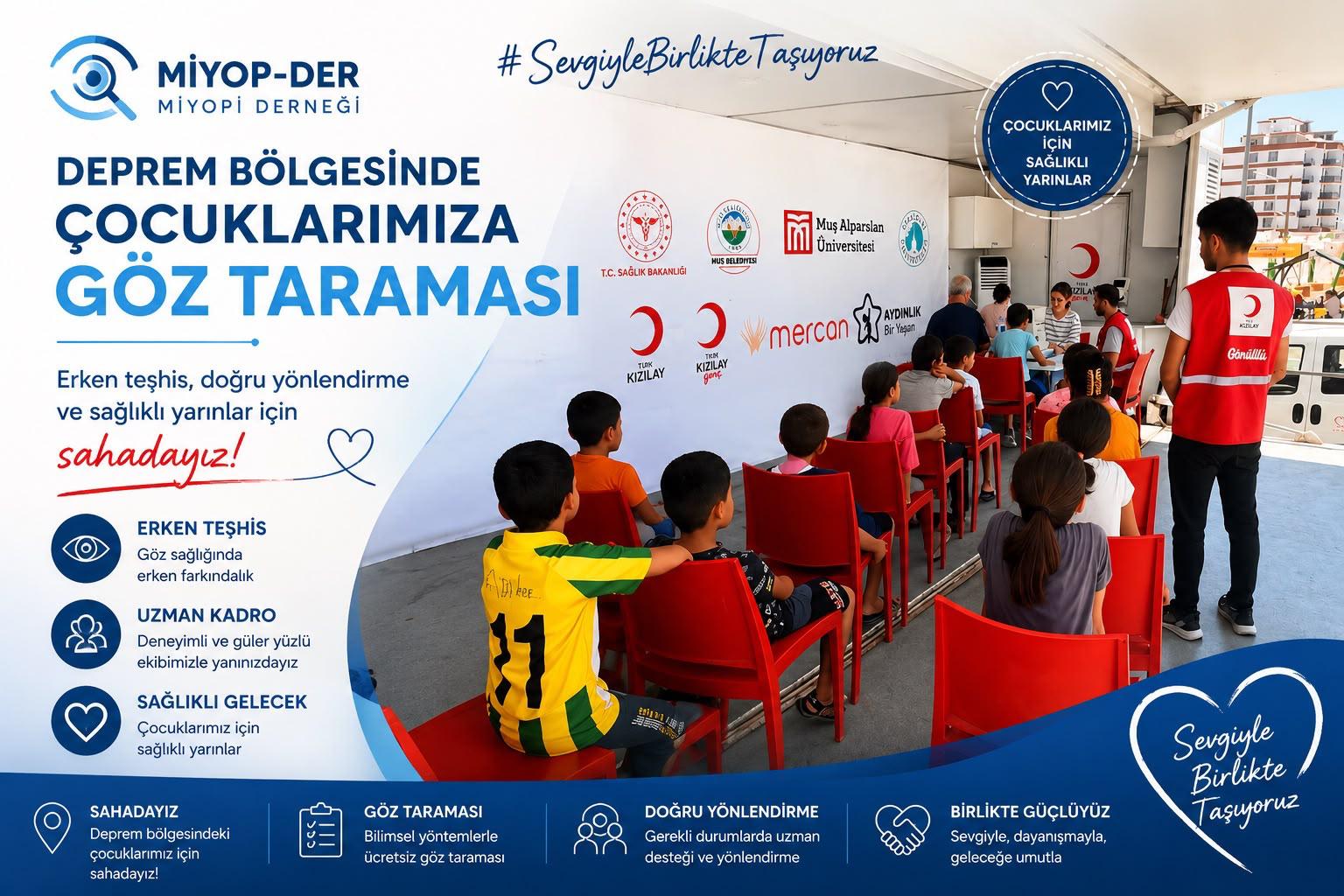 Deprem bölgesinde göz taraması için sıra bekleyen çocuklar
